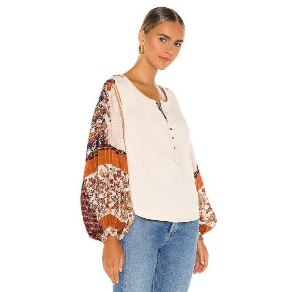 Free People Light Magic Henley Top Vanilla Creme Boho Floral - Picture 4 of 7